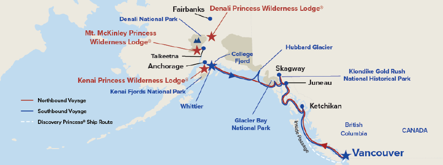 Route map of the Alaska cruisetour: ship from Vancouver through Glacier Bay to Whittier, then rail inland to Talkeetna, Denali, and Fairbanks
